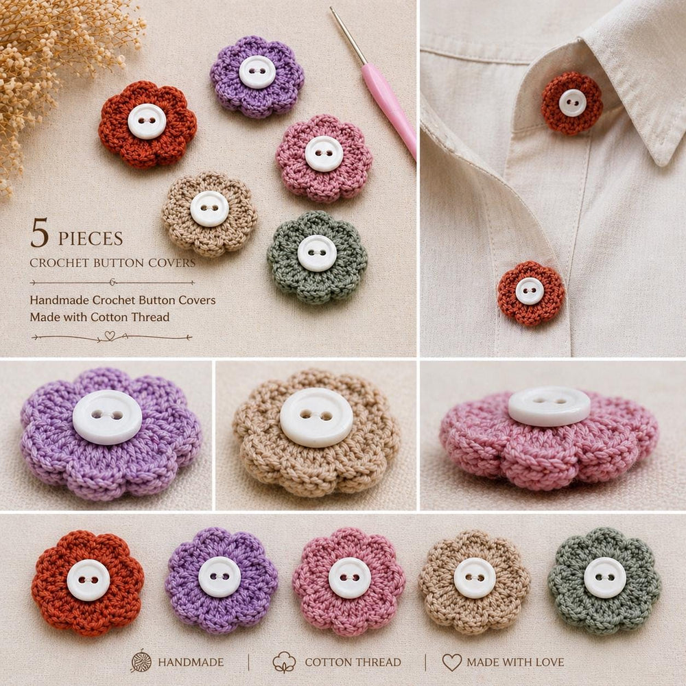 Crochet Button Covers | Cotton Flower Shirt Accessories | Slip-On | Handmade