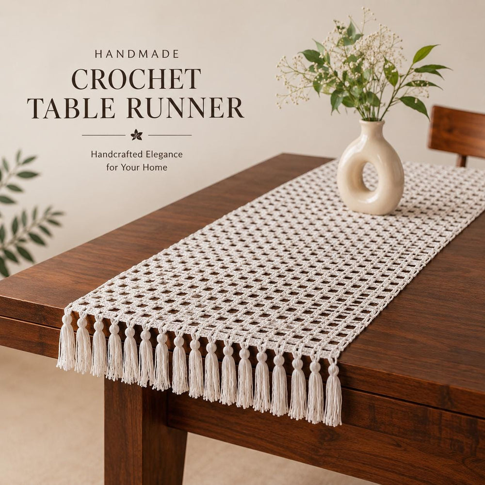 Handmade Crochet Table Runner | Boho Farmhouse Cotton Tassels (1.5 x 5 Ft) | Customisation available