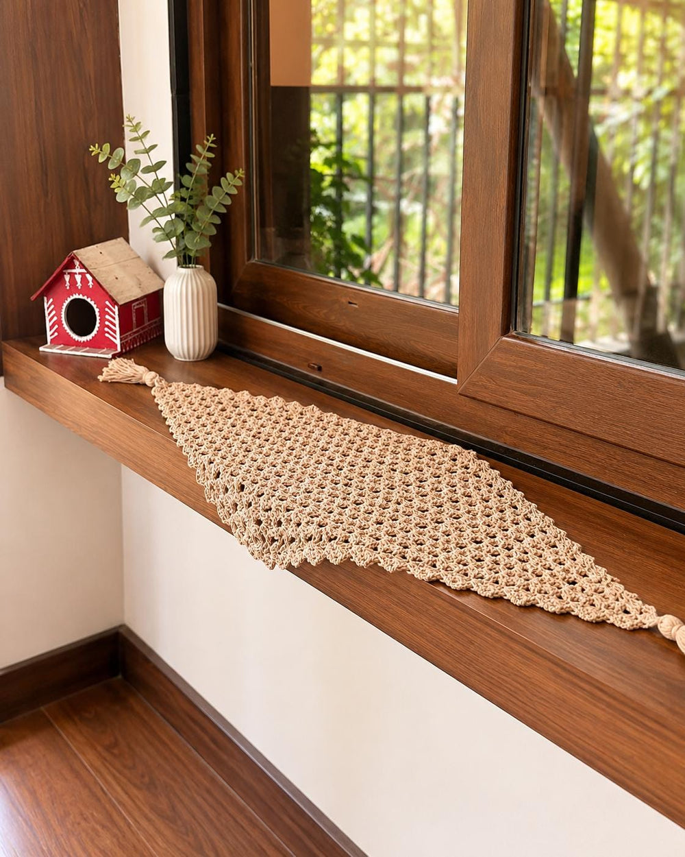 Crochet Mantel Runner | Beige Cotton Table Runner | Handmade Boho Living Room Decor