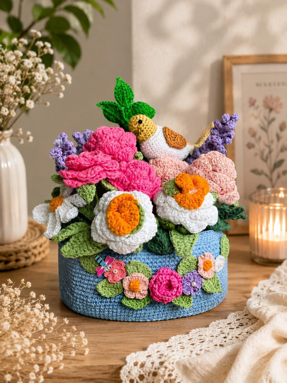 Handmade Crochet Flower Basket with Bird | Cottagecore Floral Centerpiece Home Decor