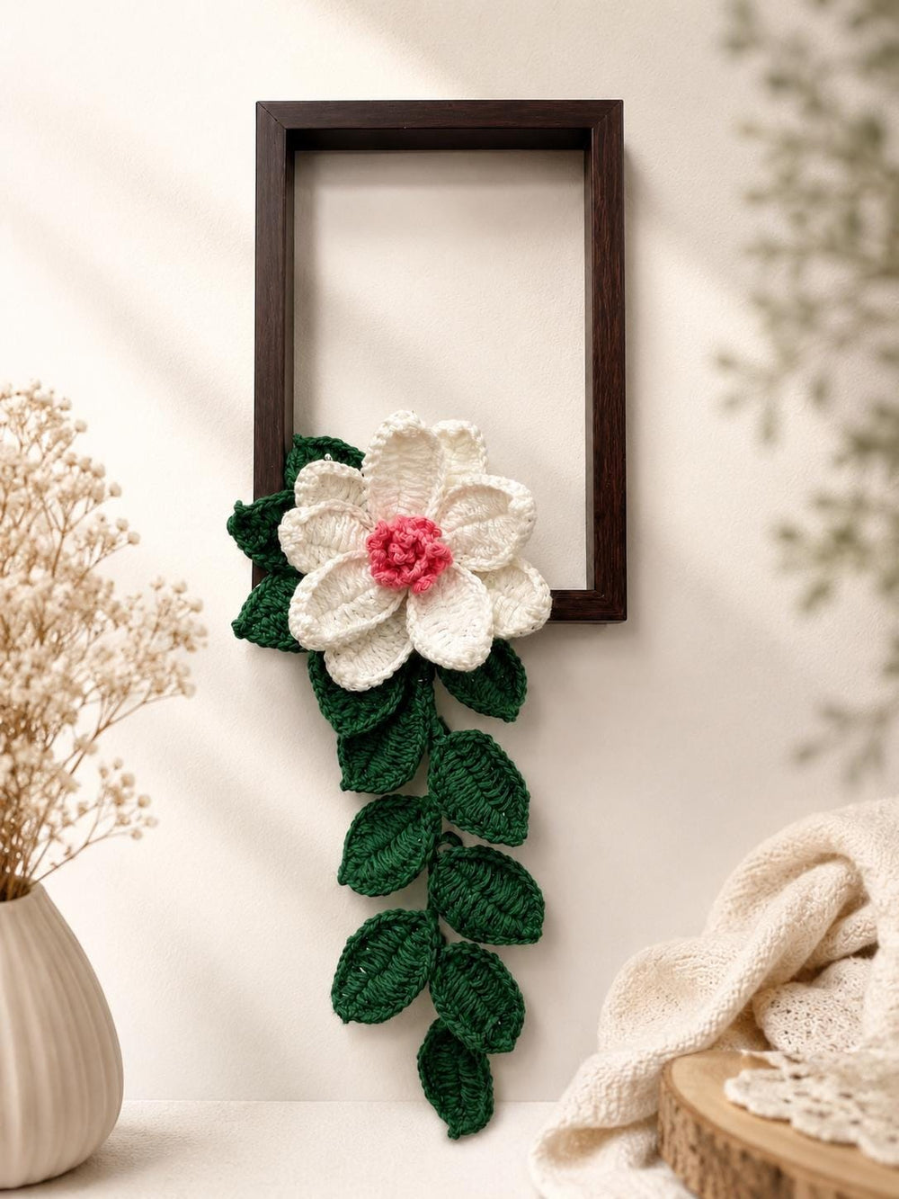 Handmade Crochet Flower Wall Hanging with Wooden Frame | Boho Botanical Fiber Art