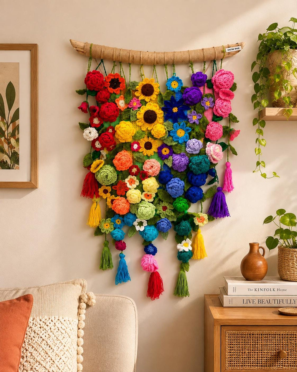 Handmade Crochet Flower Wall Hanging | Colorful Cotton Wall Art | Boho Home Decor