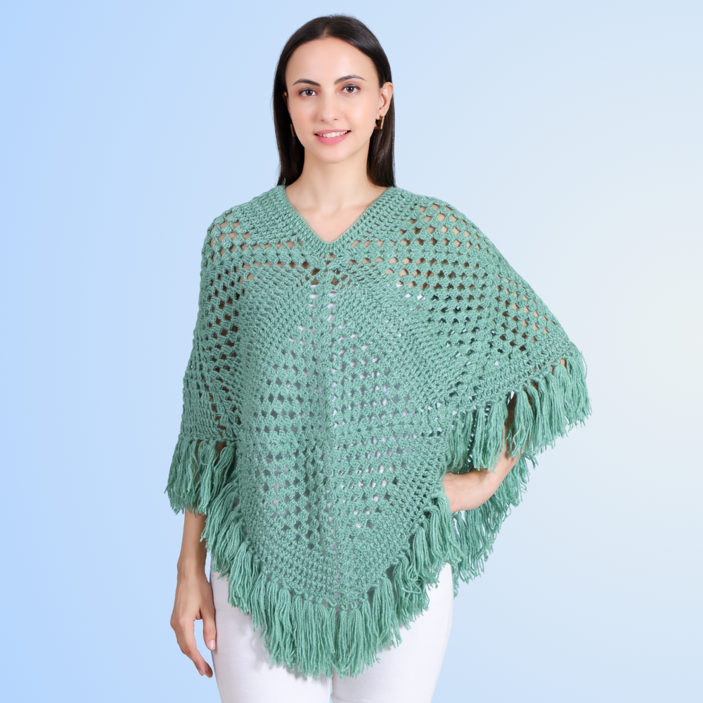 Oceanic hand crochet fringe poncho for women in green – Chutak Binak