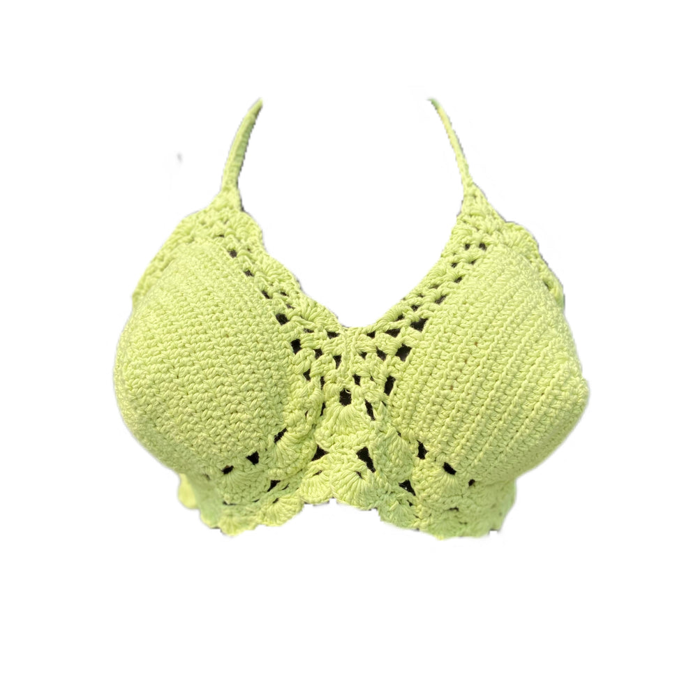 Pastel green handmade crochet beach top laid flat – Chutak Binak