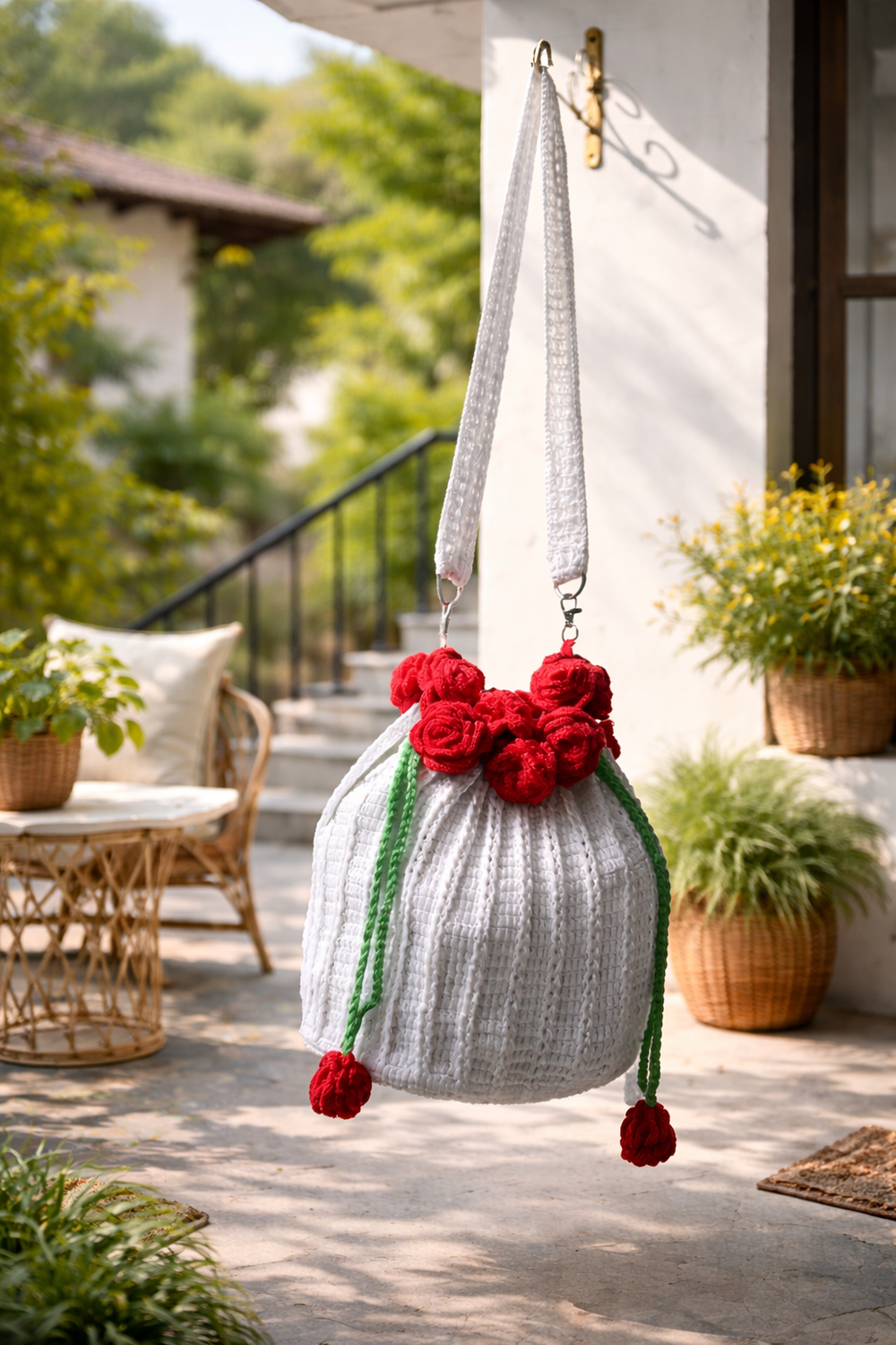 Vintage Rose crochet bag close-up floral artisan detail – Chutak Binak