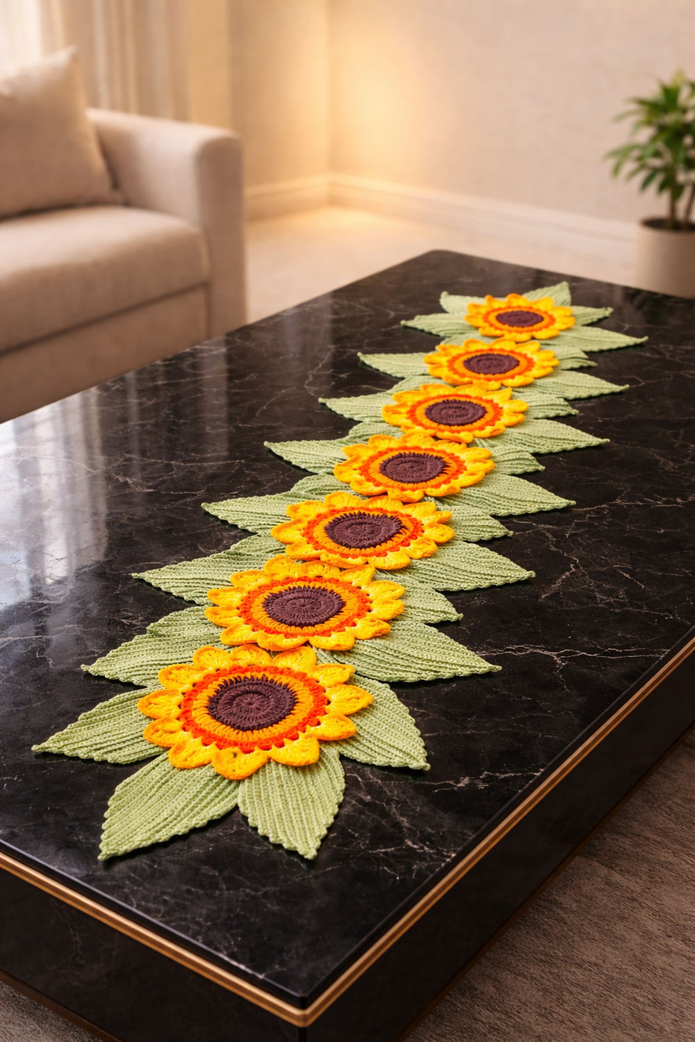 Sunflower crochet table runner styled on table – Chutak Binak