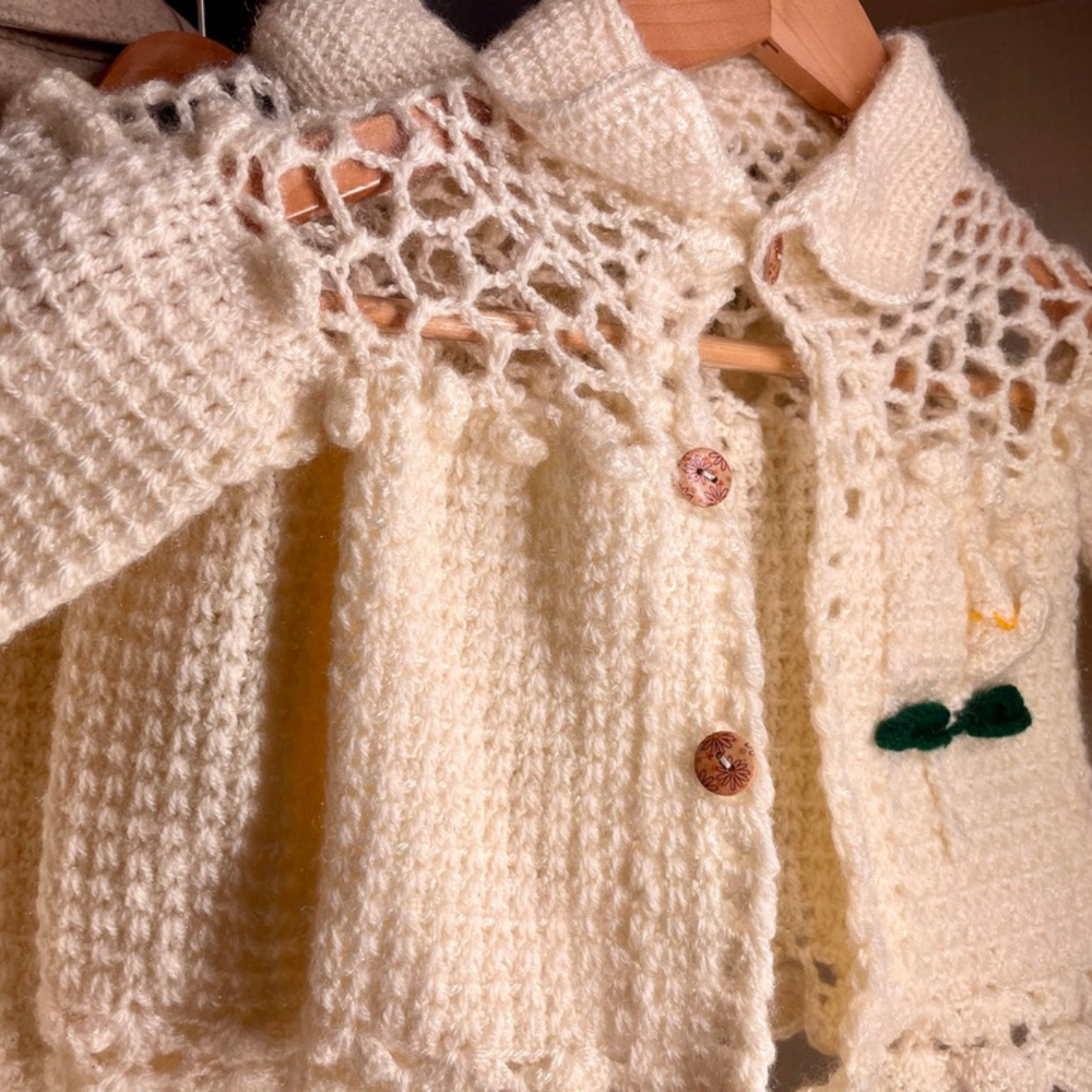 Hand knit lace jacket for girls button detail close-up – Chutak Binak