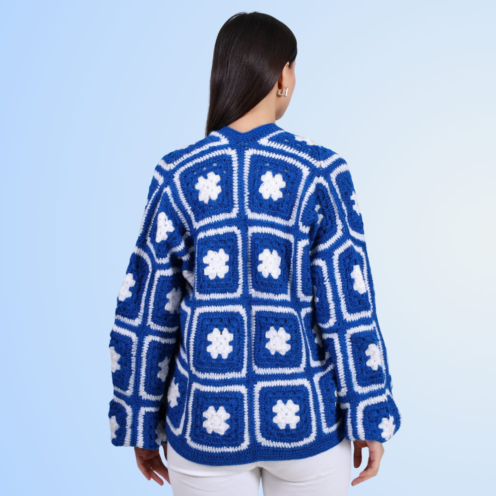 Blue Blossom crochet cardigan for women worn look – Chutak Binak