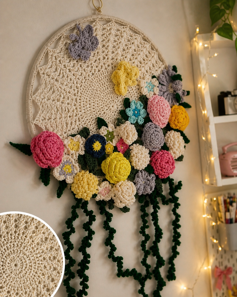 ๐ธ Handgemaakte gehaakte bloemen dromenvanger wandhanger ๐ธ