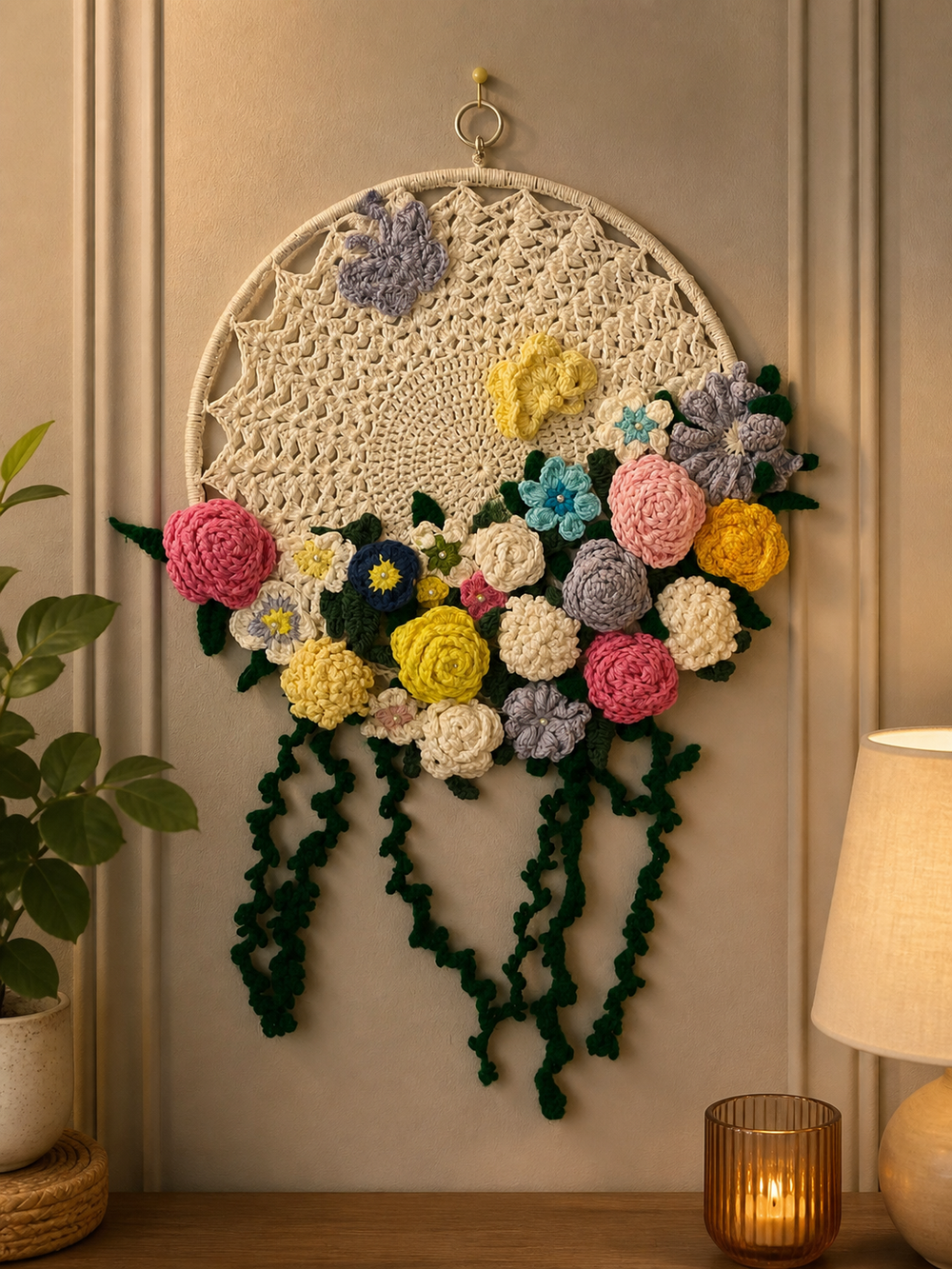 ๐ธ Handgemaakte gehaakte bloemen dromenvanger wandhanger ๐ธ