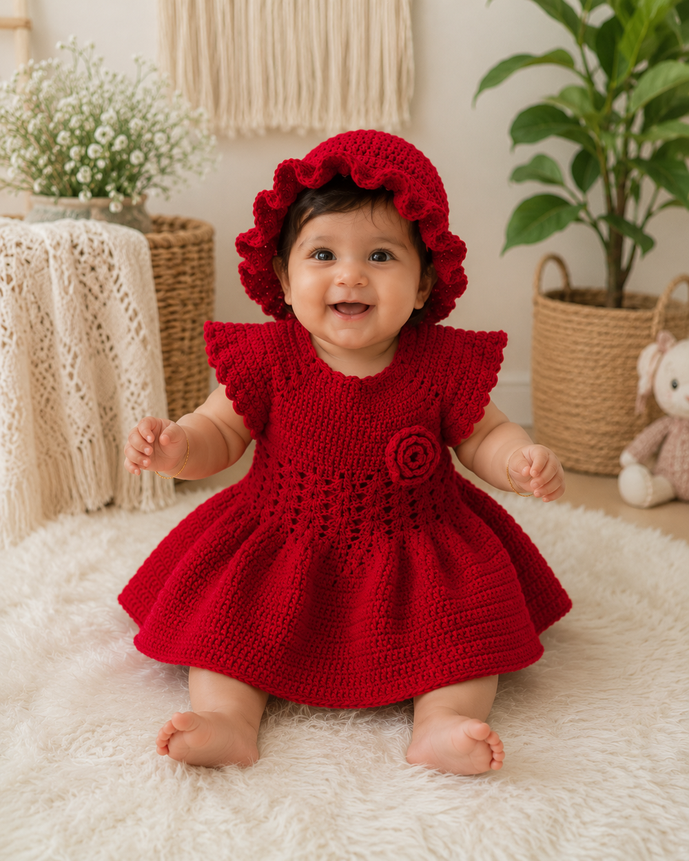 Red Crochet Baby Dress with Hat | Handmade Baby Girl Dress | Newborn to Toddler Outfit | Crochet Flower Dress Gift