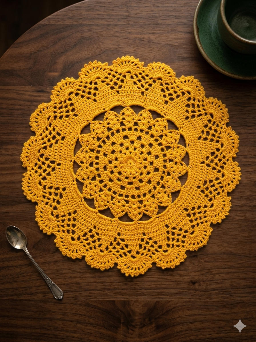 Handmade crochet warm glow table accent close-up – Chutak Binak