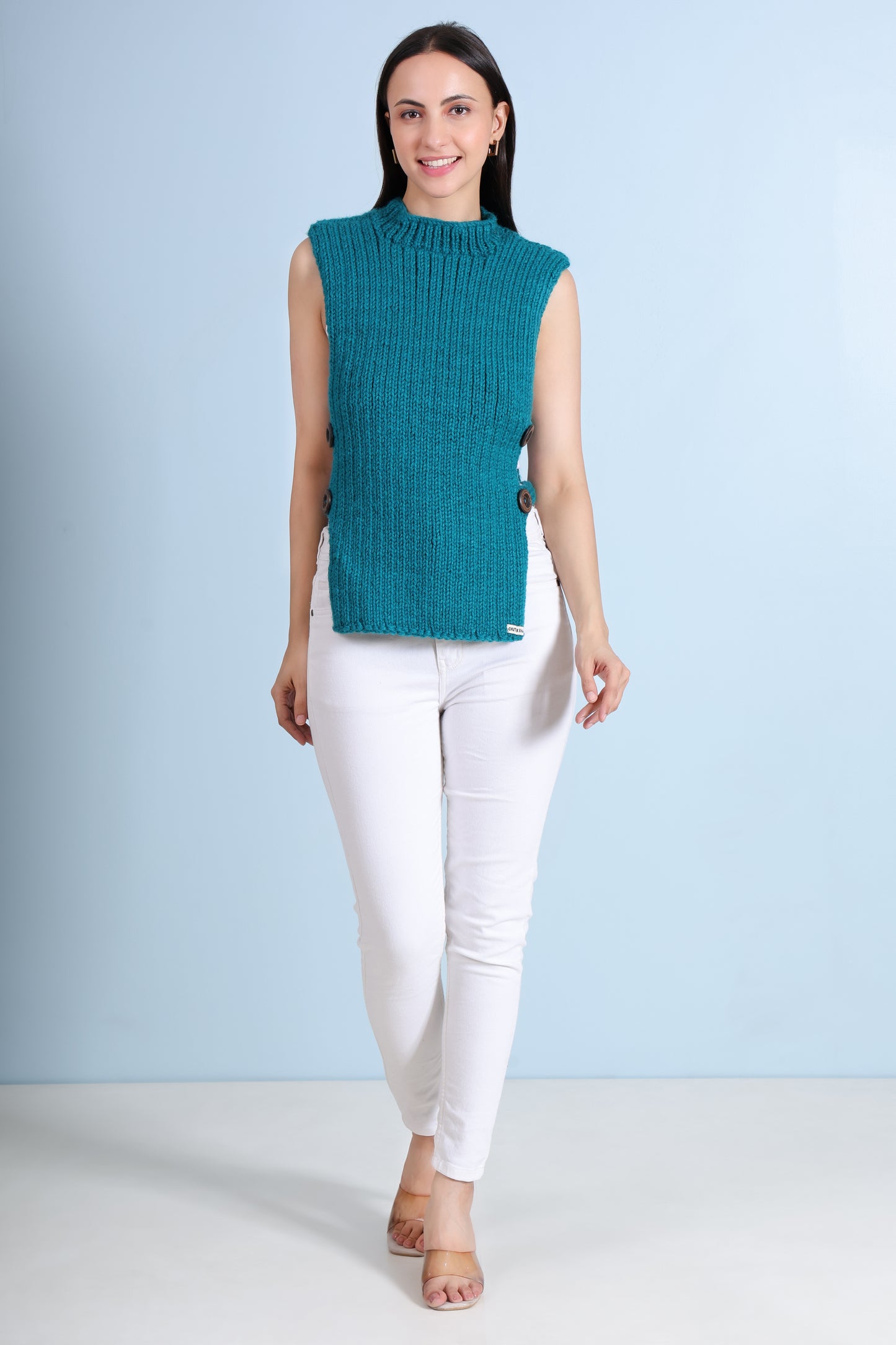 Turquoise Temptation Hand- Knit Side-Button Sweater By Chutak Binak