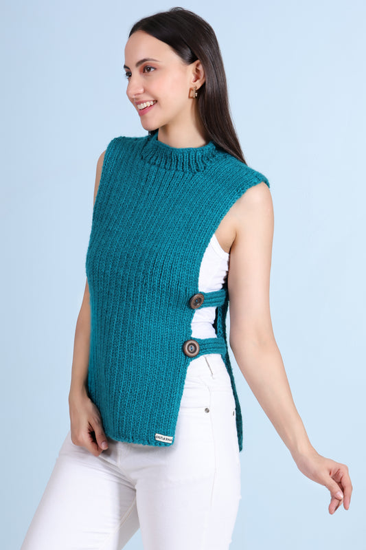Turquoise Temptation Hand- Knit Side-Button Sweater By Chutak Binak