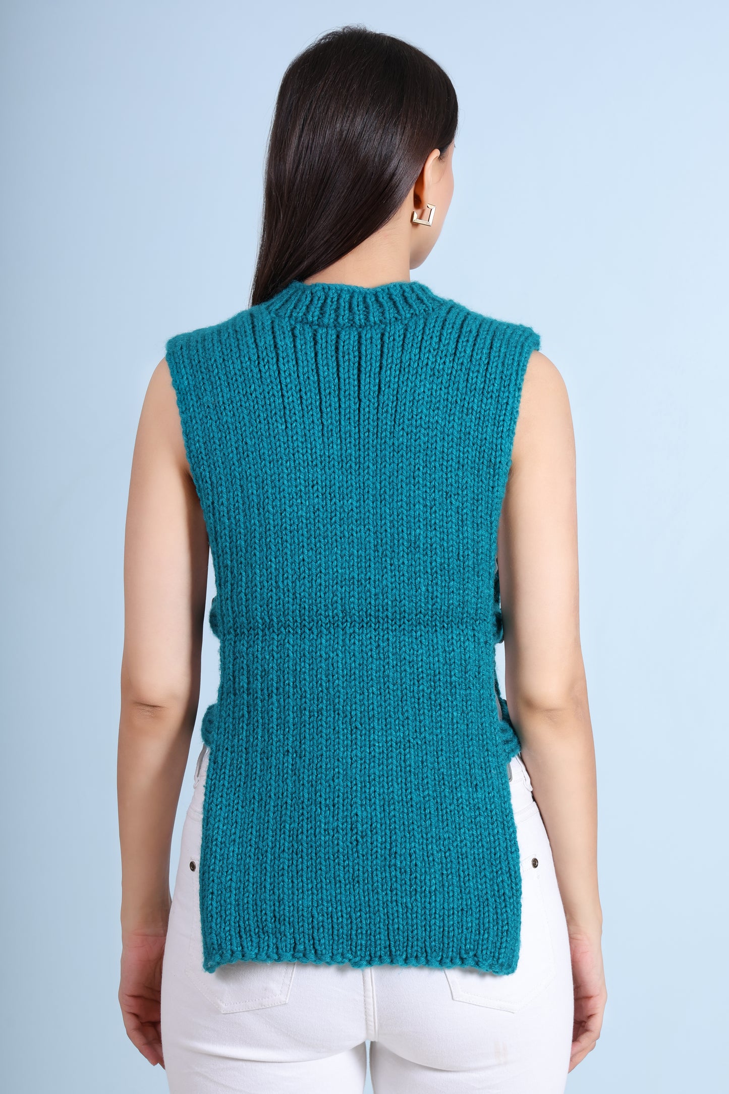 Turquoise Temptation Hand- Knit Side-Button Sweater By Chutak Binak