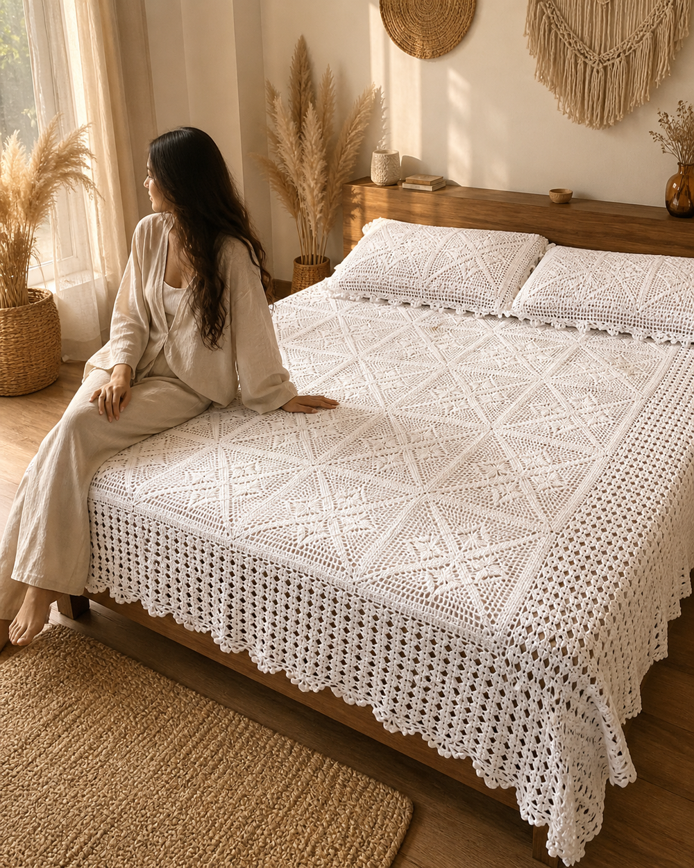 Juego de sabanas de crochet hecho a mano Ivory Elegance – king, queen, individual | Chutak Binak