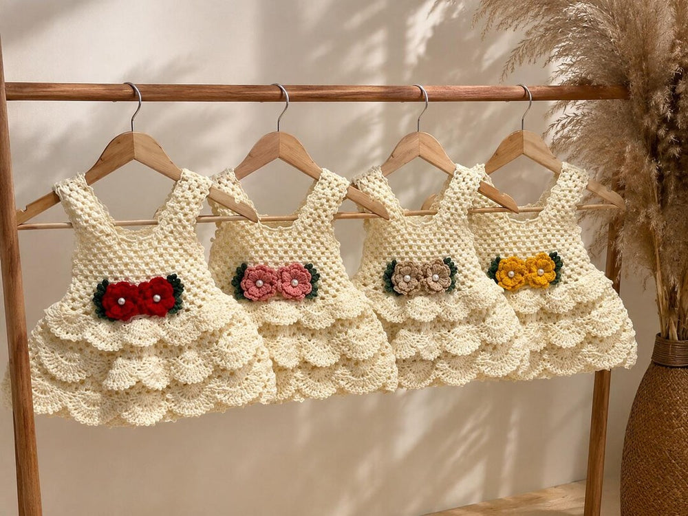 Handmade crochet baby dress with scalloped skirt and bow
