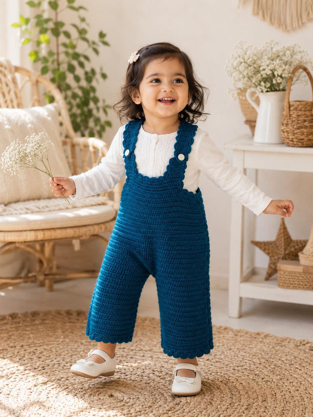 Handmade crochet baby girl teal dungaree set with white top