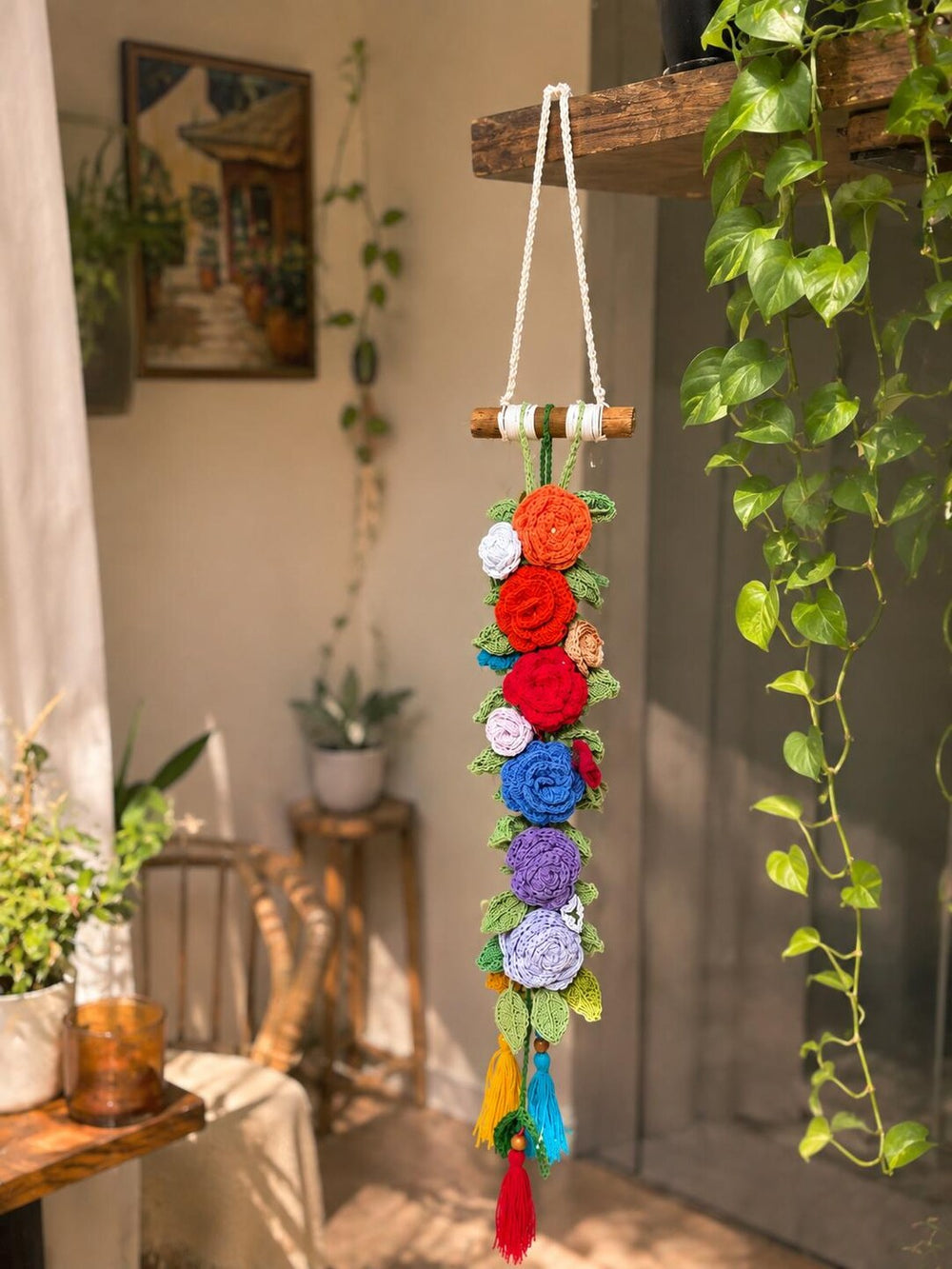 Wooden dowel and hanging cord detail