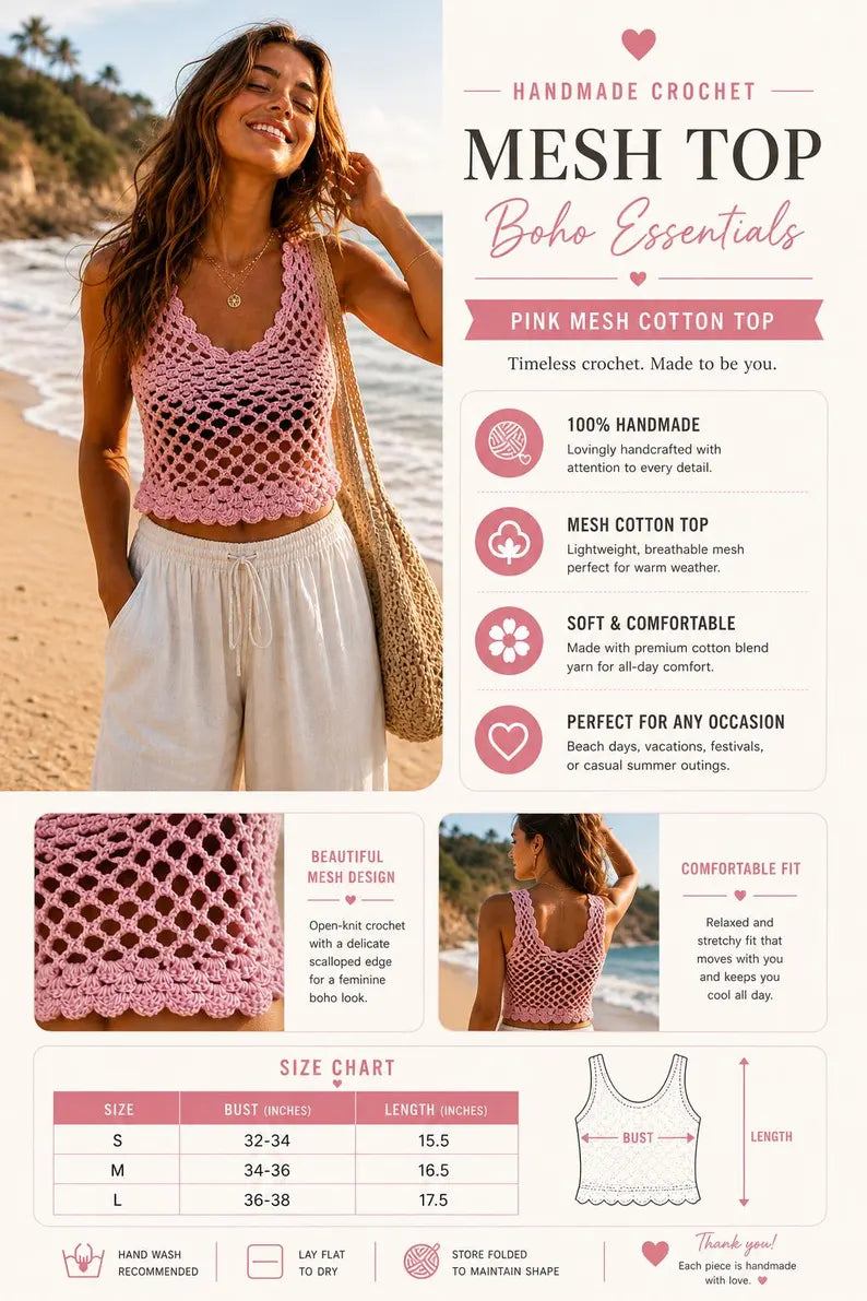 Handgemaakte roze katoenen gehaakte halter crop top voor dames