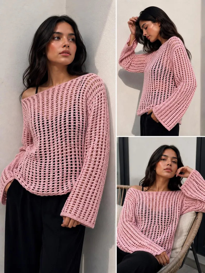 Pull en coton crocheté fait main pour femme – rose