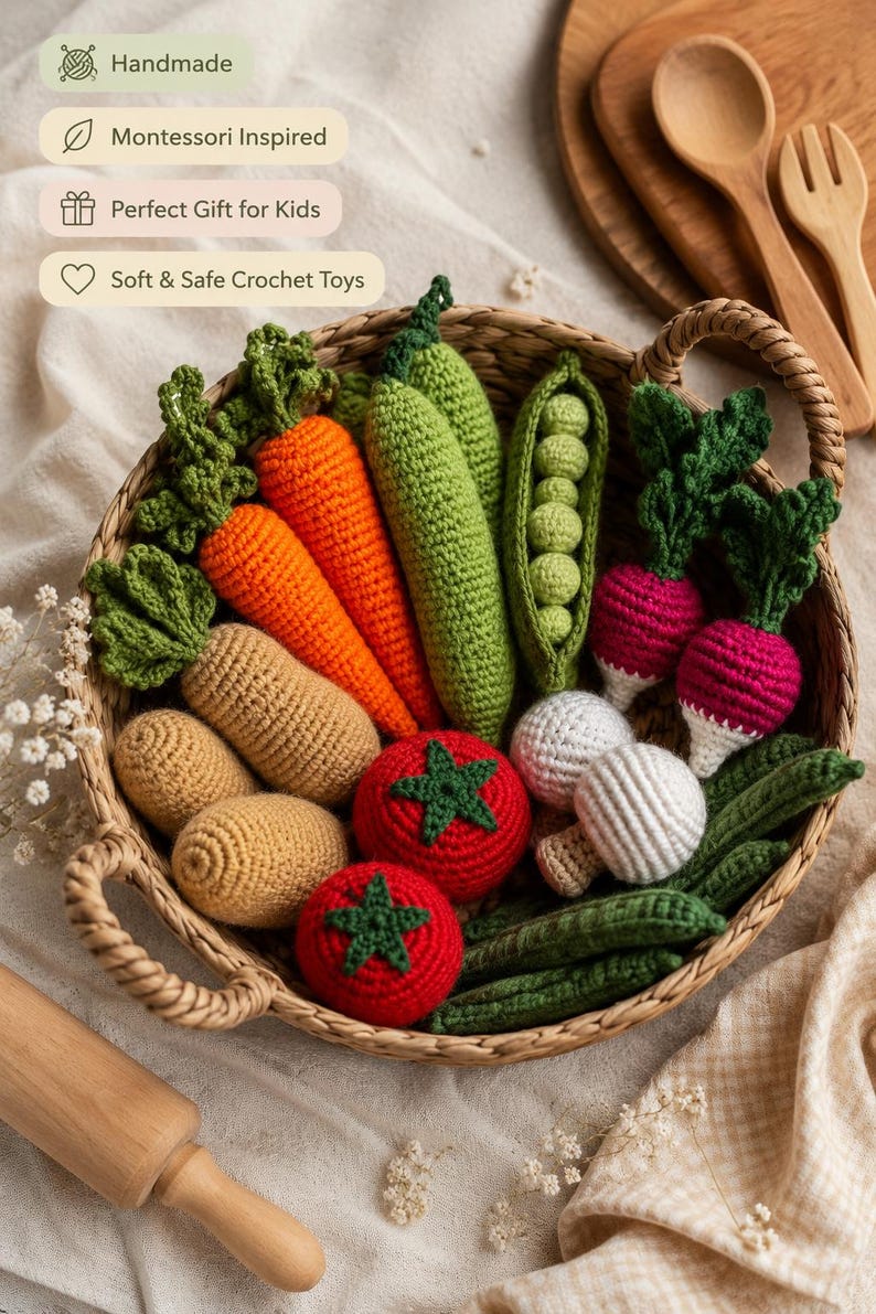 Handmade crochet vegetables in basket