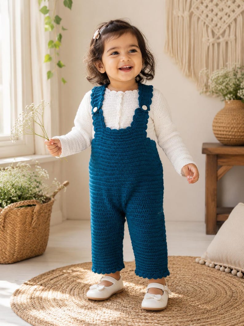 Teal blue crochet dungaree toddler outfit