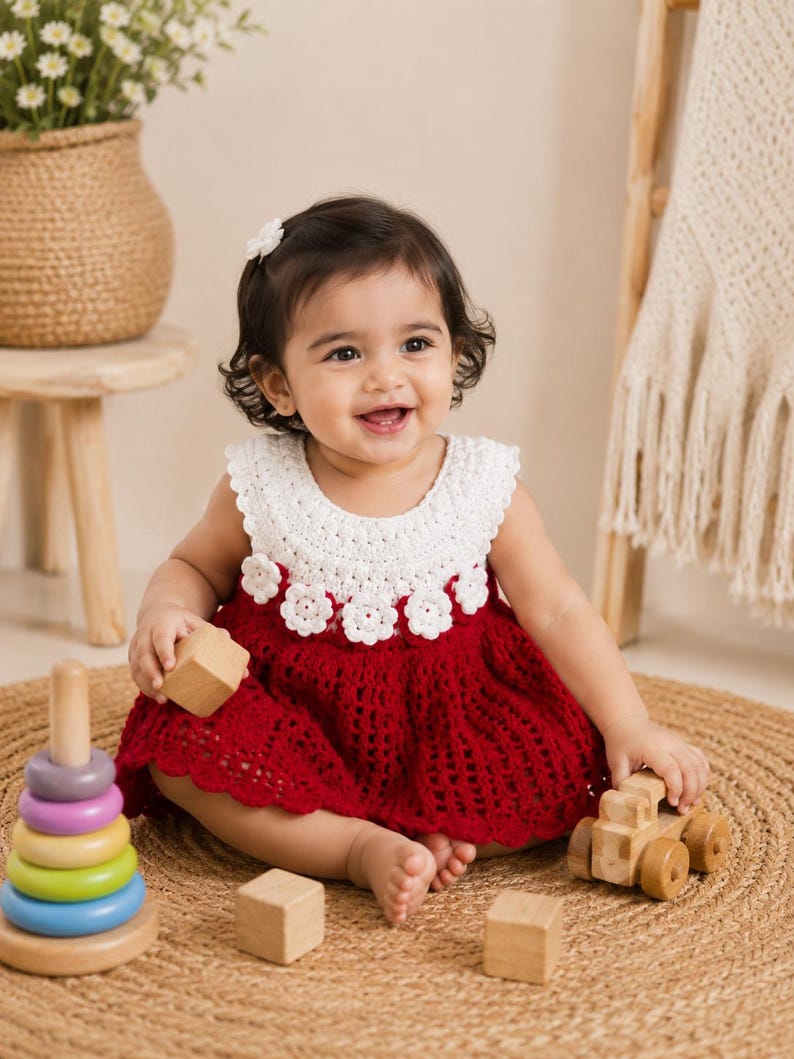 Red crochet toddler dress front view