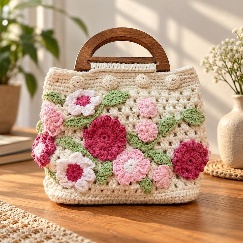 Cream crochet handbag with 3D flowers