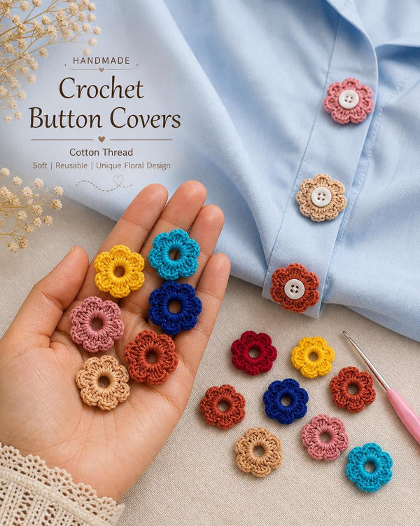 Crochet Button Covers | Cotton Flower Shirt Accessories | Slip-On | Handmade