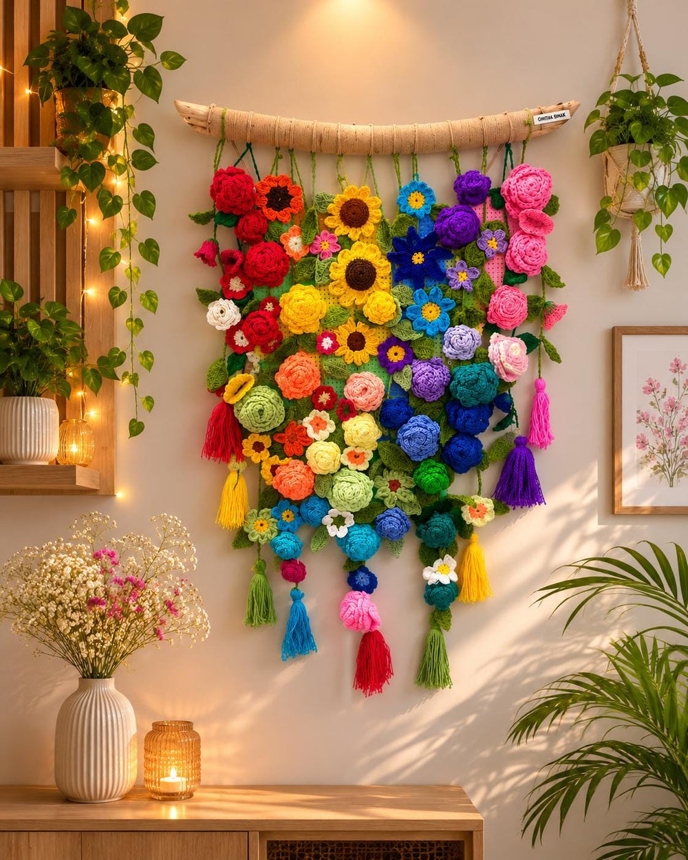 Handmade Crochet Flower Wall Hanging | Colorful Cotton Wall Art | Boho Home Decor