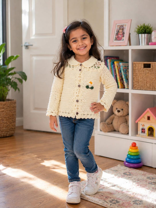 Handmade Wool Crochet Cardigan Sweater | Girls Peter Pan Collar Jacket (1-8 Years)