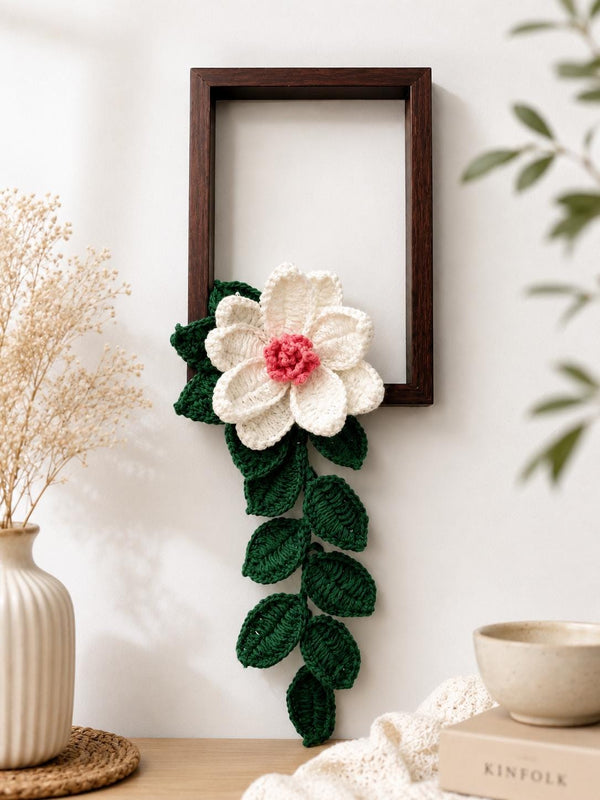 Handmade Crochet Flower Wall Hanging with Wooden Frame | Boho Botanical Fiber Art