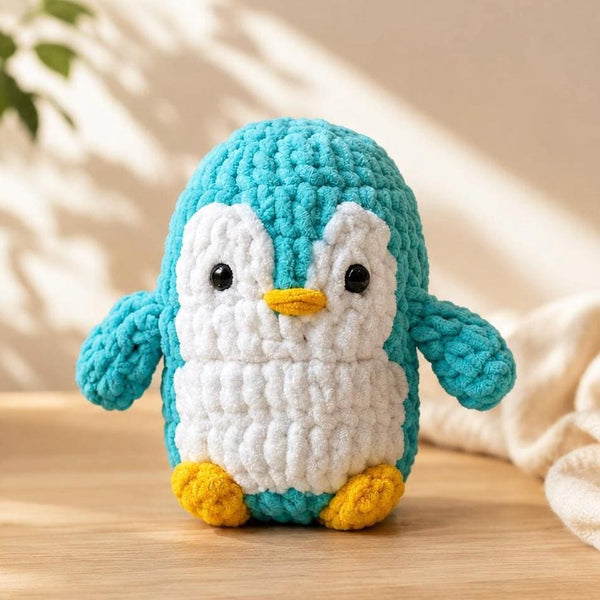 Handmade Crochet Penguin Plush Toy, Soft Amigurumi Cuddle Toy, Turquoise White Yellow