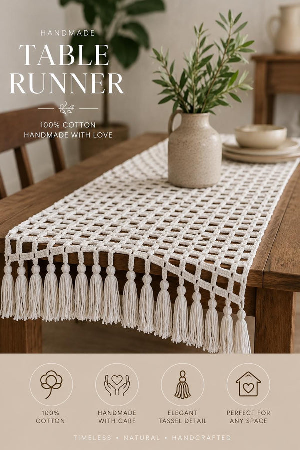 Handmade Crochet Table Runner | Boho Farmhouse Cotton Tassels (1.5 x 5 Ft) | Customisation available