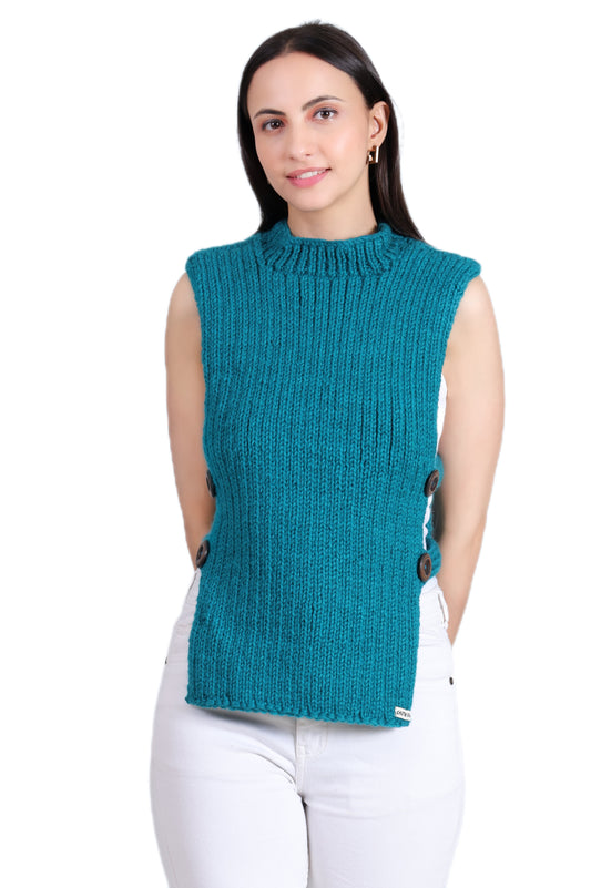 Turquoise Temptation Hand- Knit Side-Button Sweater By Chutak Binak