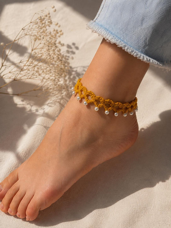 Handmade Crochet Anklet with Charms | Boho Cotton Thread Foot Jewelry