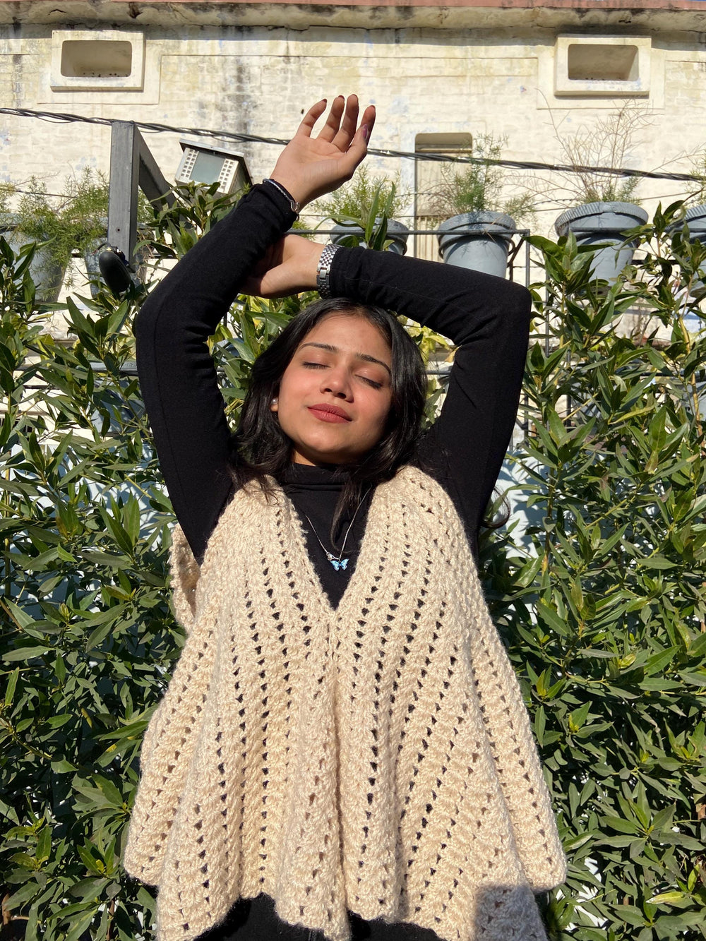 Handmade Crochet Poncho | Cream Boho Shawl, Winter Wrap Cape