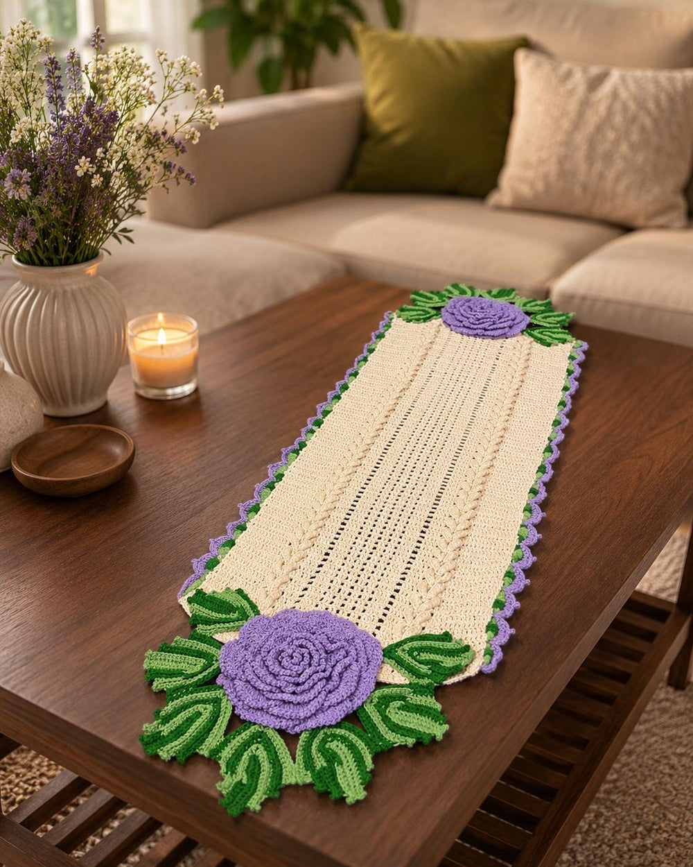 Handmade Crochet Table Runner | 3D Rose Flowers, Cotton, Farmhouse Decor