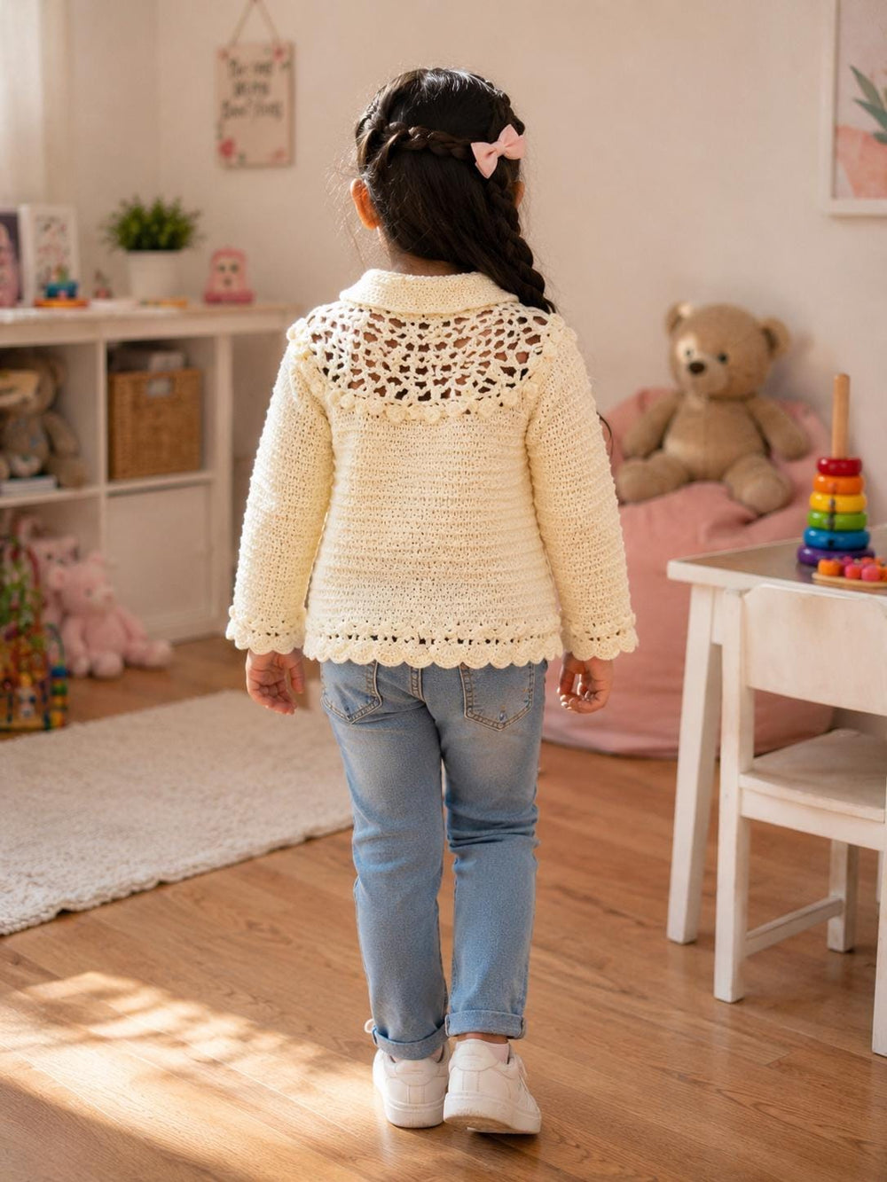 Handmade Wool Crochet Cardigan Sweater | Girls Peter Pan Collar Jacket (1-8 Years)