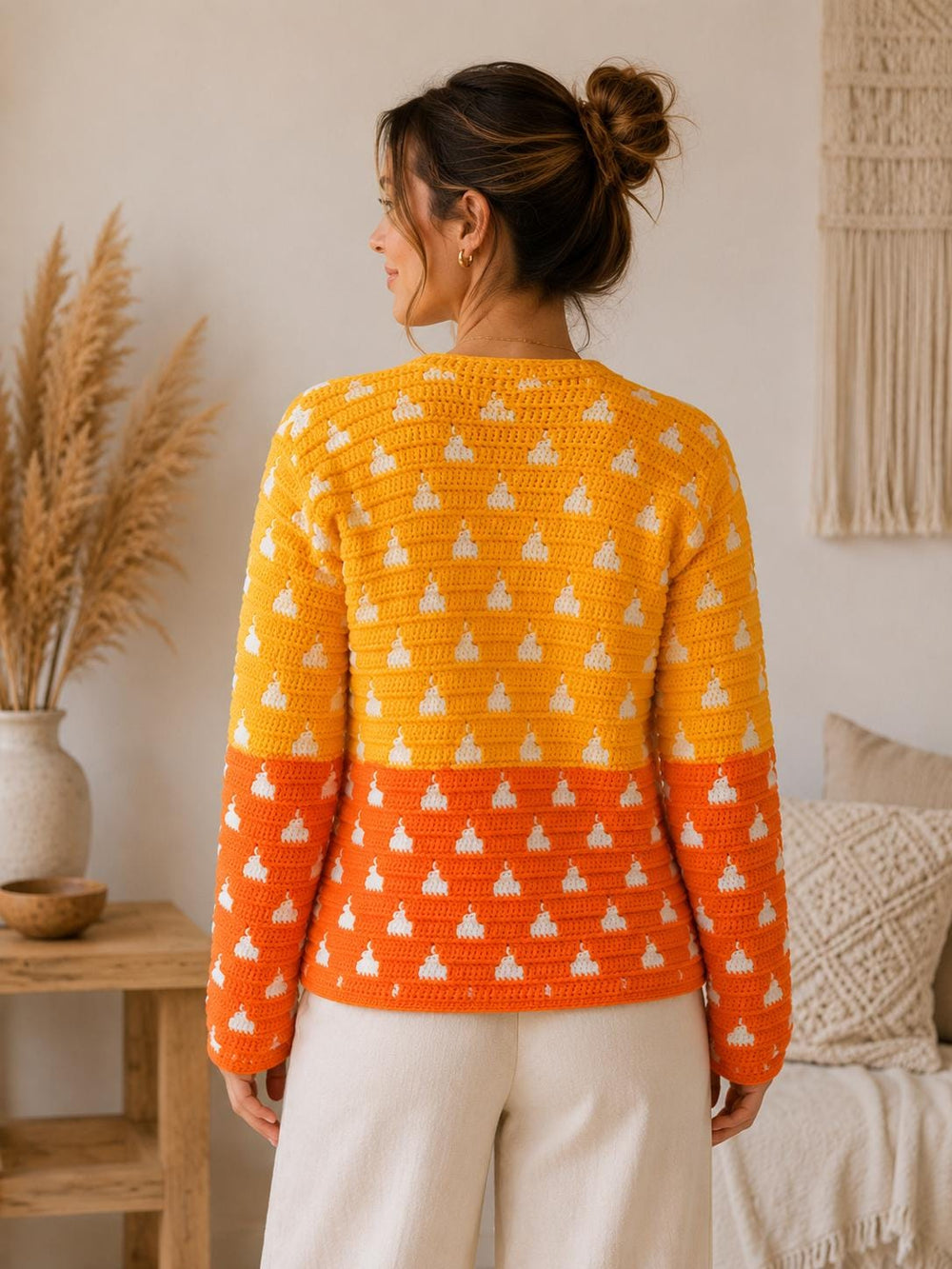 Handmade Crochet Cardigan | Orange Yellow Color Block Sweater, Boho Granny Stitch Layering Jacket