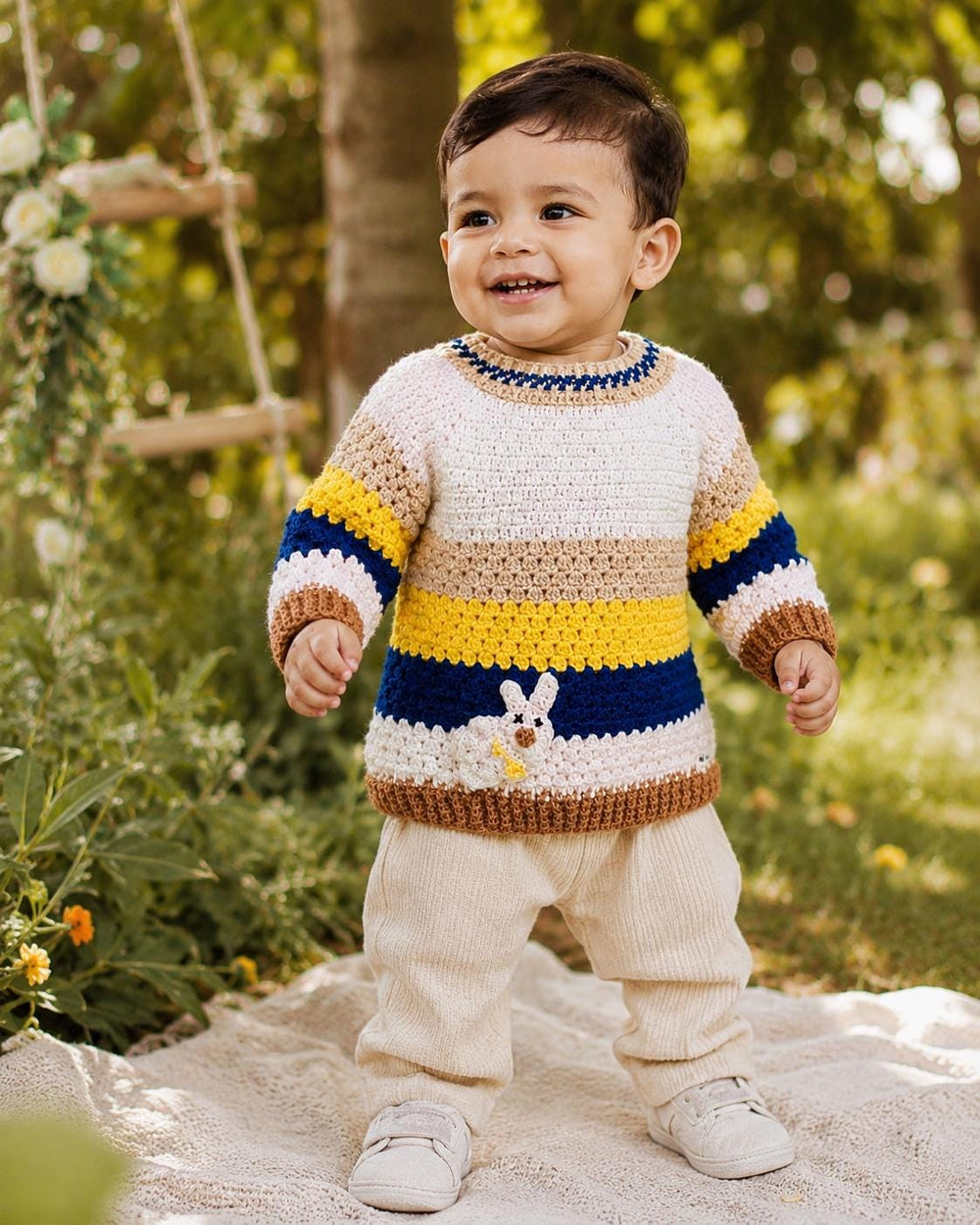 Handmade Wool Baby Sweater, Striped Bunny Applique Pullover, Winter Toddler Jumper