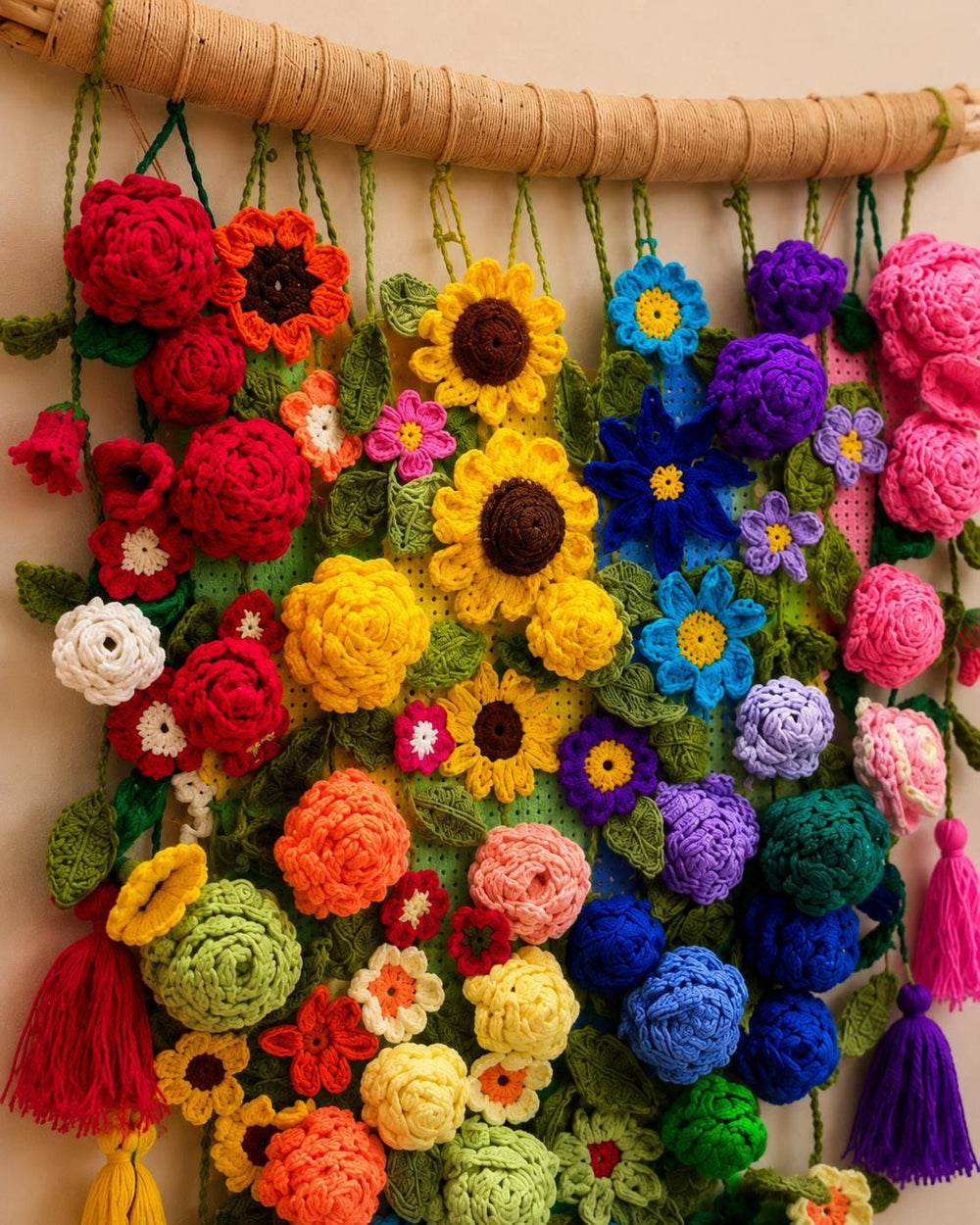 Handmade Crochet Flower Wall Hanging | Colorful Cotton Wall Art | Boho Home Decor