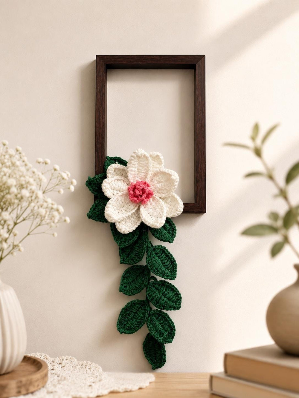 Handmade Crochet Flower Wall Hanging with Wooden Frame | Boho Botanical Fiber Art