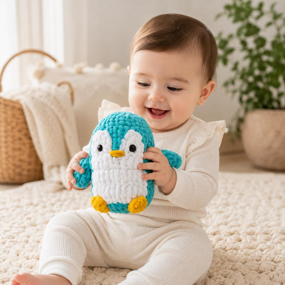 Handmade Crochet Penguin Plush Toy, Soft Amigurumi Cuddle Toy, Turquoise White Yellow