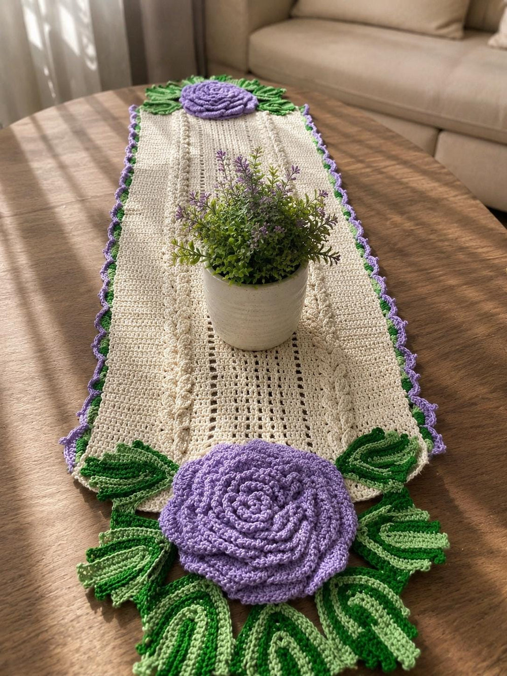 Handmade Crochet Table Runner | 3D Rose Flowers, Cotton, Farmhouse Decor