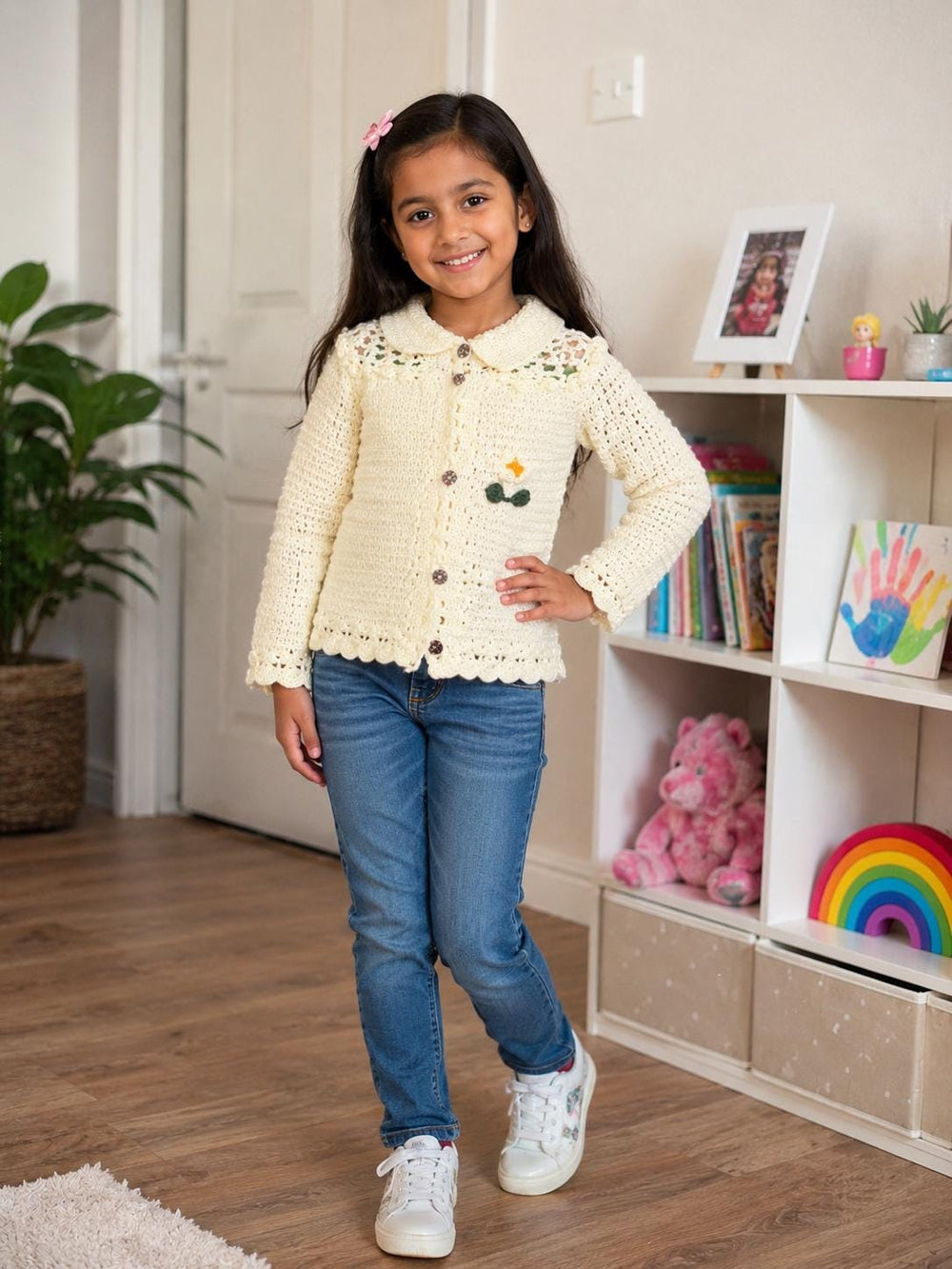 Handmade Wool Crochet Cardigan Sweater | Girls Peter Pan Collar Jacket (1-8 Years)