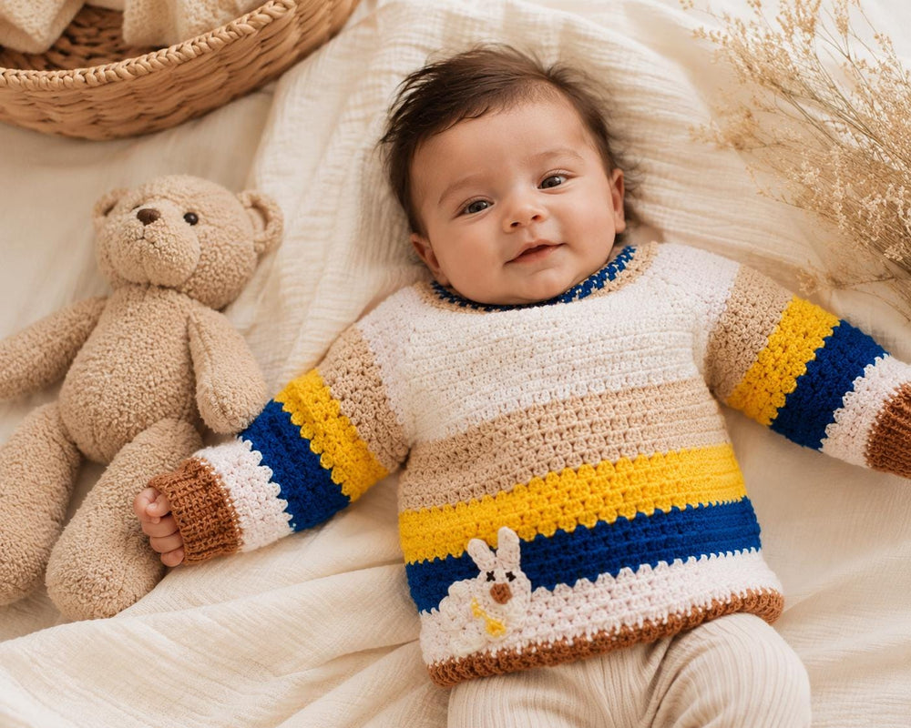 Handmade Wool Baby Sweater, Striped Bunny Applique Pullover, Winter Toddler Jumper