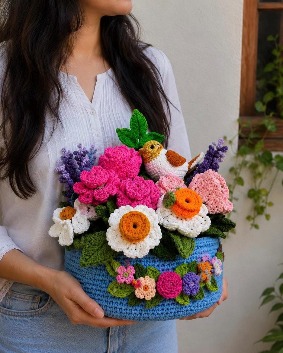 Handmade Crochet Flower Basket with Bird | Cottagecore Floral Centerpiece Home Decor