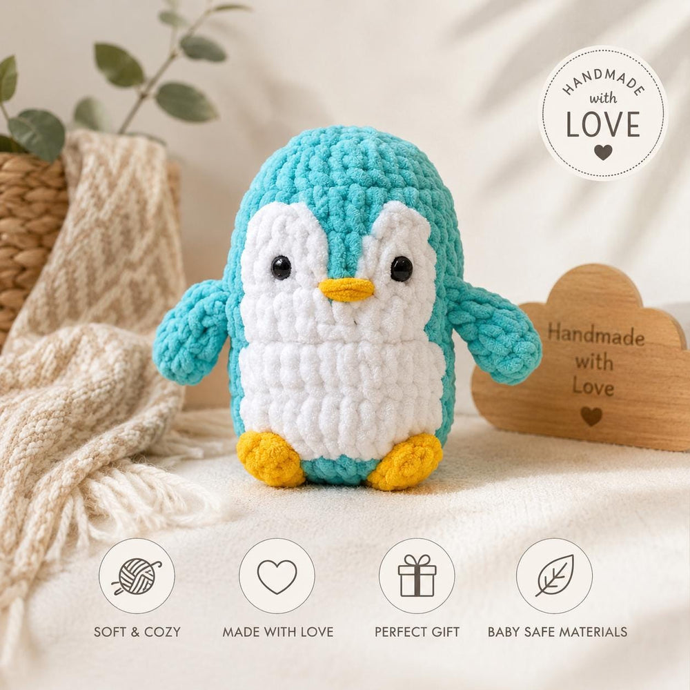 Handmade Crochet Penguin Plush Toy, Soft Amigurumi Cuddle Toy, Turquoise White Yellow
